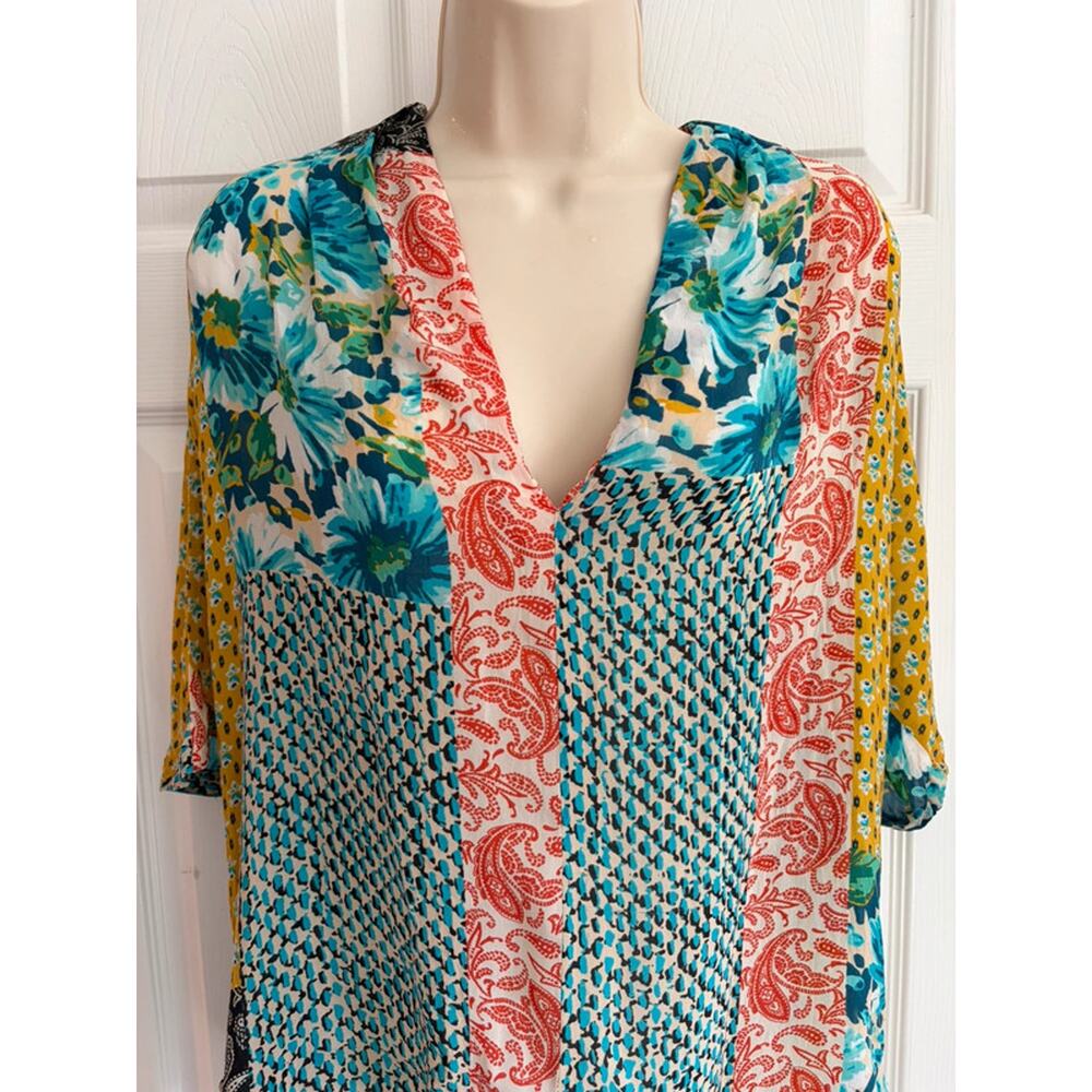 Johnny‎ Was Patchwork Blouse Cupra Rayon Boho Floral Mixed Print Top S Designer